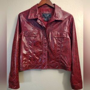 FUDA Sport Women's Faux Snakeskin Print Burgundy Red Black Moto Jacket